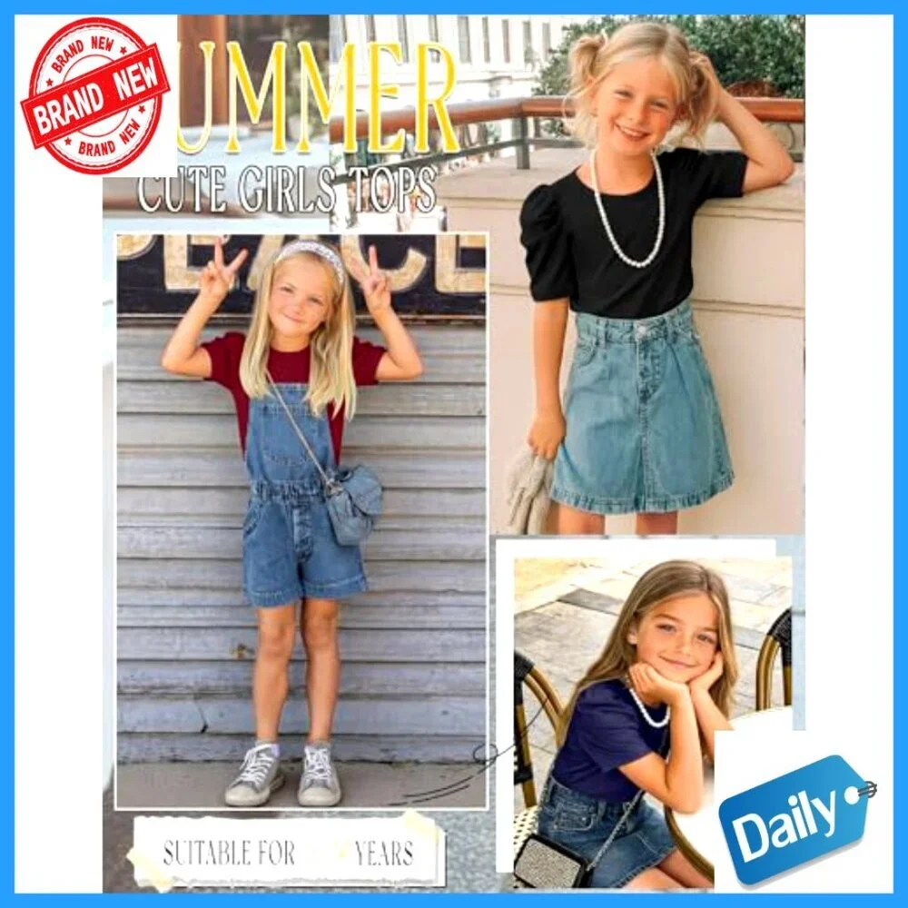 Girls Puff Sleeve Short Sleeve Tees 3 Pack Sizes 5-14 Years Summer Tops